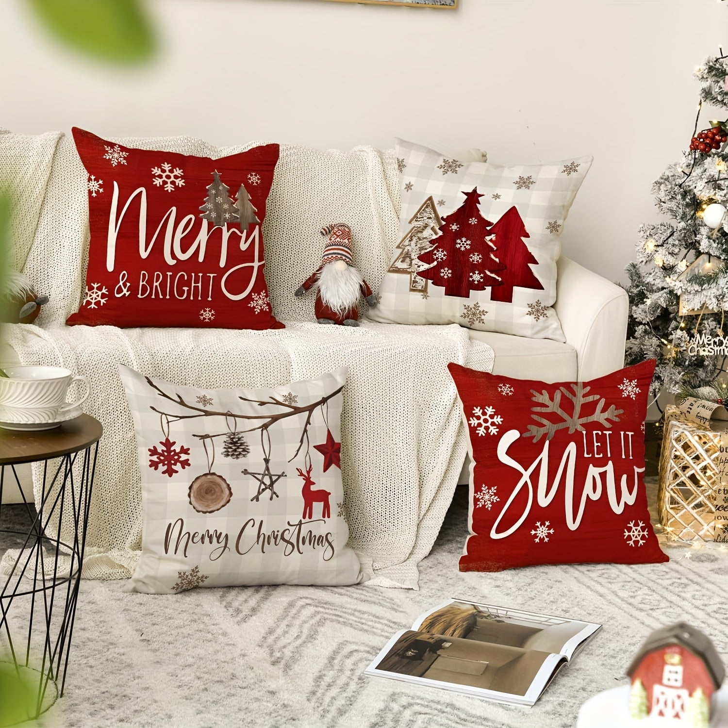 4pcs Merry & Bright Christmas Let It Snow Snowflake Buffalo Plaid Throw Pillow Covers, Red Xmas Trees Winter Holiday Cushion Case Decoration for Sofa Couch
