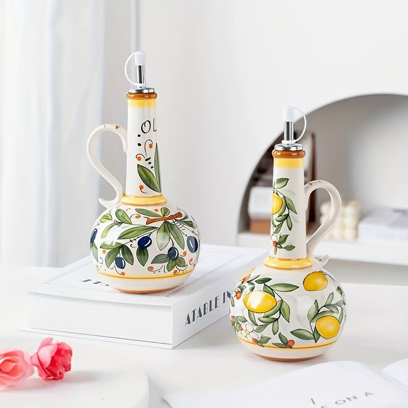 Hand-Painted Ceramic Olive Oil Dispenser with Vibrant Fruit & Leaf Design - Leak-Proof Kitchen Oil Bottle for Olive Oil, Vinegar, Soy Sauce - Elegant Oval Shape, Freezer Safe, Olive Oil Dispenser