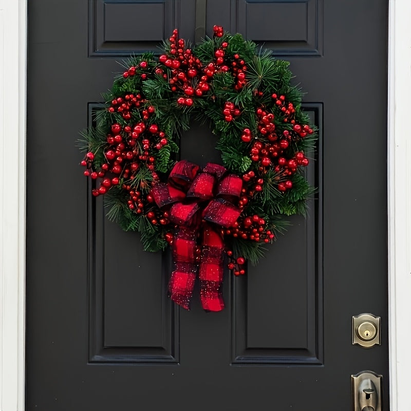 [Classic Christmas Wreath] Christmas Wreath Classic, 35.05Cm Diameter | Plastic Material with Berries And Bow, Suitable for Front Door, Outdoor, Indoor, Party, Home Decoration, Featherless, Halloween