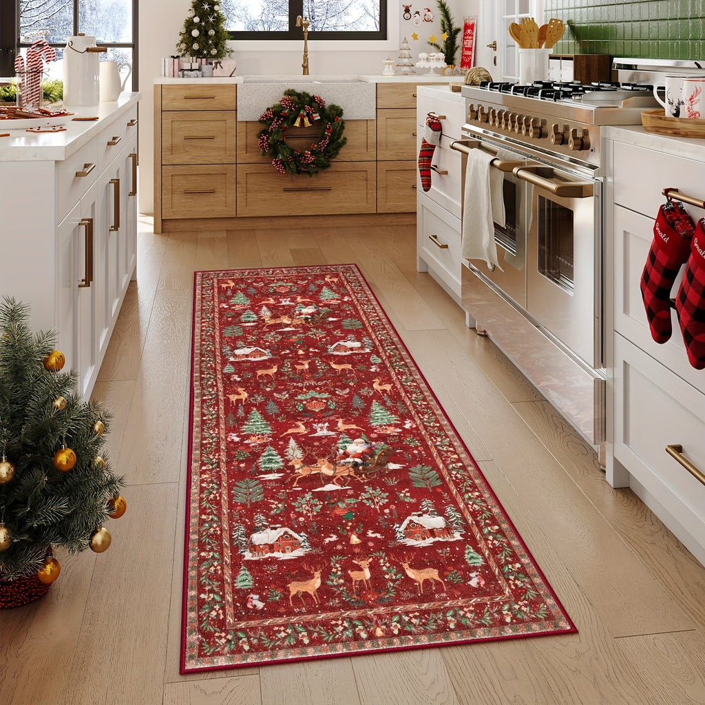 Christmas Running Mat 24x71in Red Running Mat, Suitable for Hallway, Kitchen Mat, Washable Mat, Soft Christmas Tree Santa Claus Running Mat, Used for Bathroom Bedside Holiday Decoration (Red and Green), Christma Carpet Runner