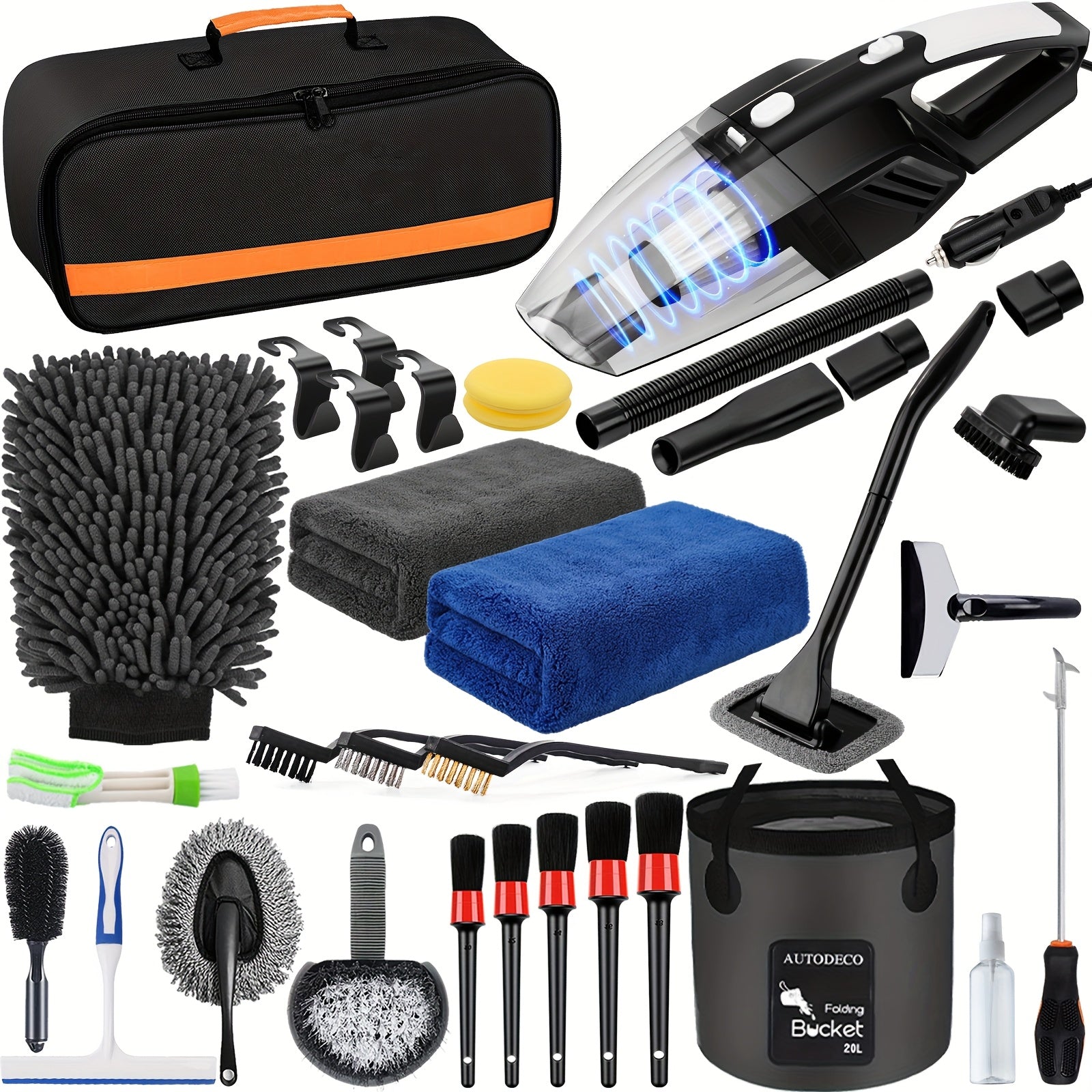 FCLUSLL 41pcs Car Cleaning And Washing Kit, Internal Detail Cleaning Kit, Equipped with High-power Handheld Vacuum Cleaner, Foldable Bucket, Windshield Tool, Snow Shovel, Tire Brush, Complete Set Of Car Care Tools, Holiday Gi