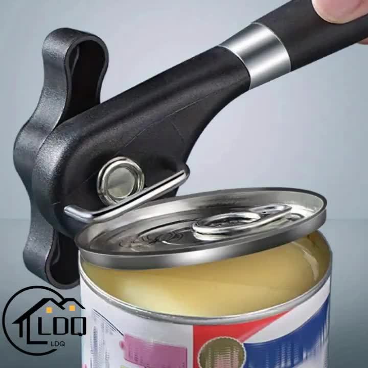 [Stainless Steel Can Opener] 1pc TLDOD Stainless Steel Manual Can Opener - Quick & Easy Side Opening Tool with Black Plastic Handle - Effortless Kitchen Essential for Home Use - Sleek Modern Design