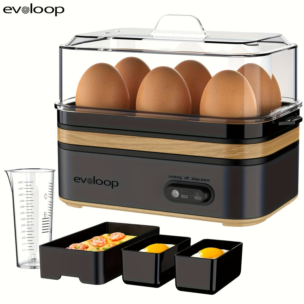 Evoloop Rapid Egg Cooker - 6-Egg Capacity, BPA-Free Stainless Steel with Clear Tritan Lid, 400W Electric Egg Cooker for Hard Boiled, Poached, Scrambled, or Omelette, Includes Measurement Cup & 2 Poaching Trays, Auto Shut Off,