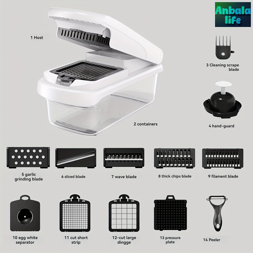 Anbala-14 1-in-1 Vegetable Chopper, Kitchen Gadgets, Vegetable Chopper, Food Chopper, Onion Chopper, Cucumber Slicer, Multifunctional Mandoline, with 7 Blades, Including Egg Separator and Finger Guards, Gray + White, French F