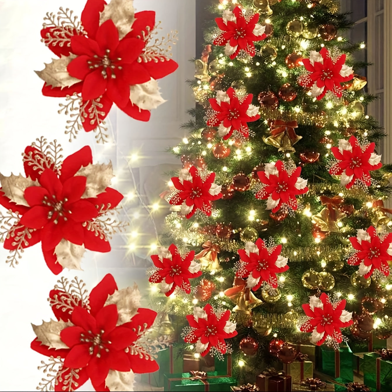 30pcs Christmas Tree Decorations with Poinsettia Clips - Colorful Sugar Shape Artificial Flower Branches, Red Poinsettia Flowers and Golden Accents, Plastic Holiday Decorations, Suitable for Christmas Trees, Wreaths, Vase Fil