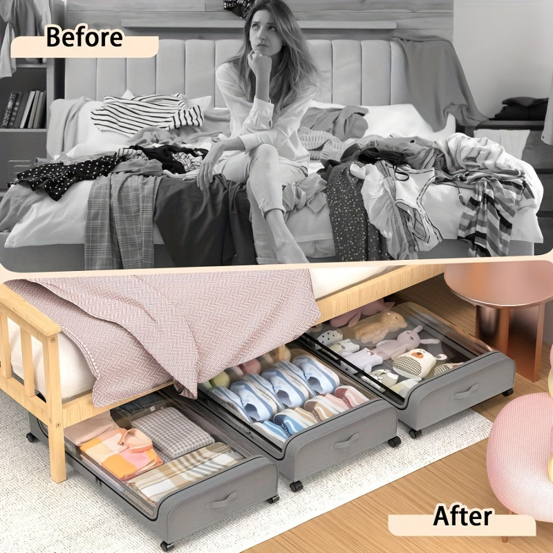 2pcs Under Bed Storage Organizer Metal Underbed Bins With Wheels And Lid Metal Underbed Storage Containers Under Bed Rolling Storage For Clothes, Bedding, Shoes, Blankets, Books, Toys, Under-Bed Storage