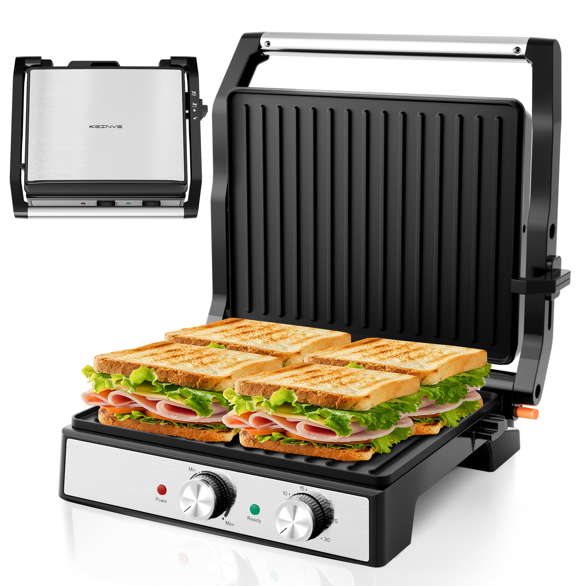 1600W Electric Panini Press Grill, 4-Slice Sandwich Maker Suitable for Indoor, Outdoor, Or Camping Use, Featuring Adjustable Temperature And Timer, Non-Stick Plates, And a Removable Drip Tray - Perfect for Bbqs And Pizzas