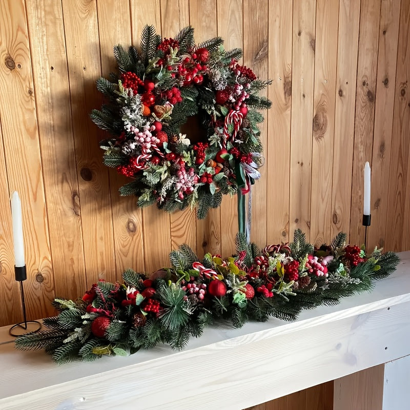 Christmas Wreath Decoration with Red Berries, Pine Cones, Candy Accents - Heavy-Duty Plastic Holiday Door Hanging Decor for Home, Mantel, Table Centerpiece - No Electricity Needed, Easy Hang with Loop - Indoor/Outdoor Christm