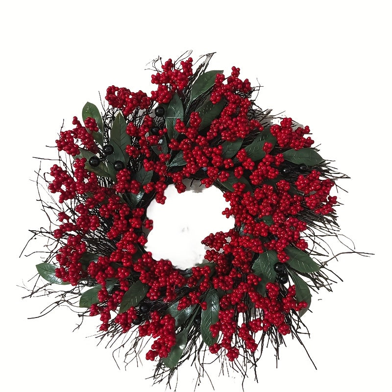 1pc Christmas Red Berry Wreaths 48cm/18.5in Simulation Wreaths with Thick Red Berries Artificial Festival Decoration Christmas Home Hanging Decoration Showcase Fireplace Doors and Windows Wall Material Durable Artificial Plan