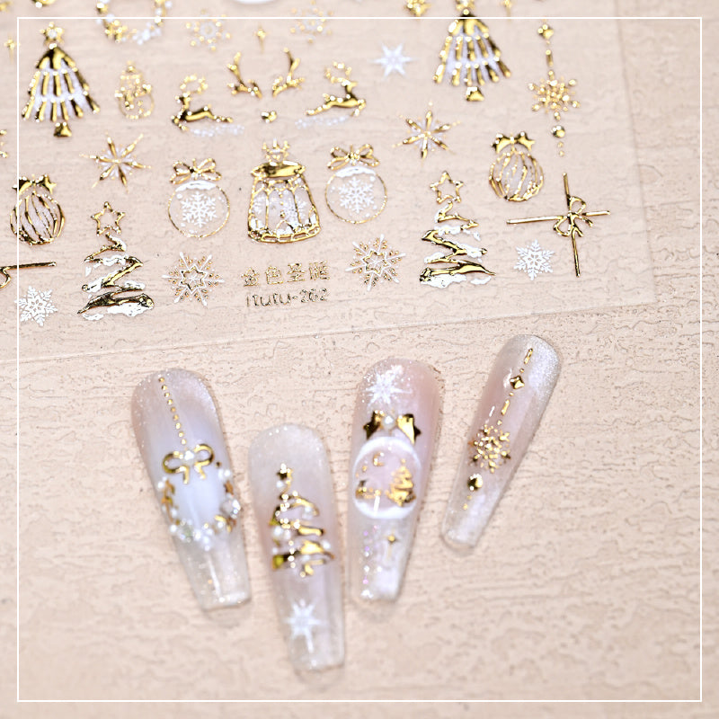 Christmas Nail Stickers - Golden Embossed Snowflakes on Branches, 3D Christmas Tree & Crystal Ball Design with Bells, Reindeer & More Classic Holiday Elements! Sparkling Blingbling Glitter Effect, Easy to Apply with Adhesive