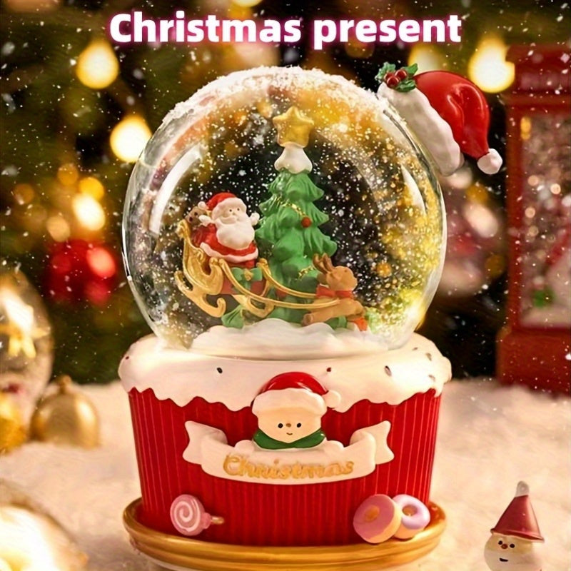 1pc Christmas Music Box with Automatic Rotating Sphere, 8 Christmas Melodies (Including Santa's March), Snowflakes Effect - Battery-Powered (AAA Not Included) - Elegant Holiday Decoration for Home, Tabletop, or Gift - Santa C
