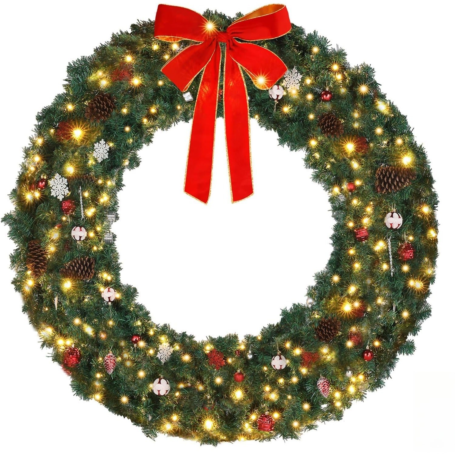 60 Inch Large Pre-lit Christmas Wreath - Xmas Door Garlands with 220 LED Lights, 600 PVC Branch Tips, Bow, Pine Cones & Ornaments - Holiday Home Decor for Door Fireplace Wedding Party Banquet Events- Indoor Easy Hang Christma