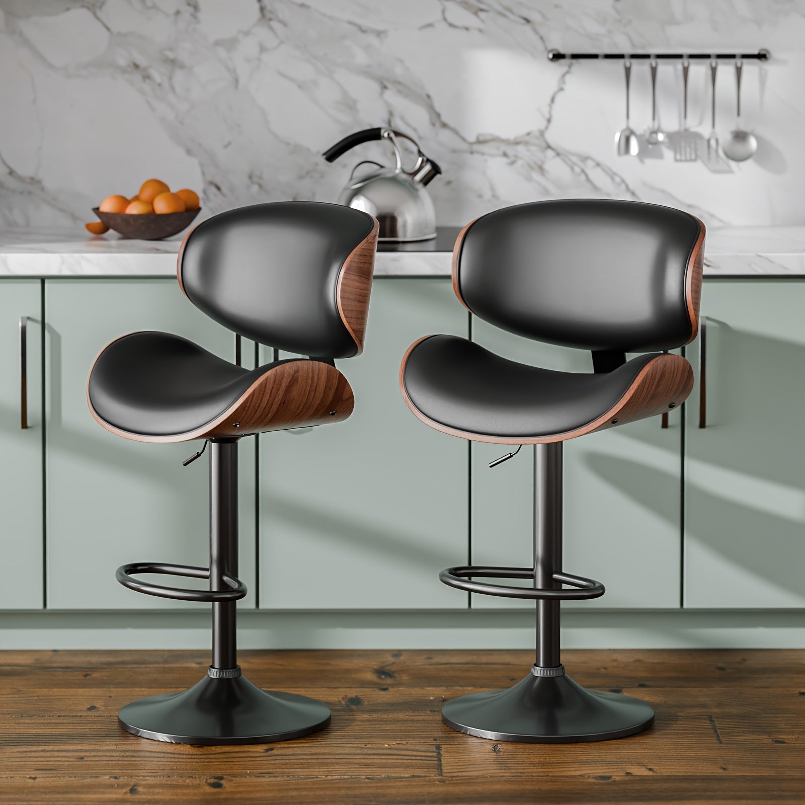 Bar Stools, Swivel Adjustable Height Barstools, PU Leather Upholstered Bar Chairs With Footrest, Bentwood Bar Stool For Kitchen, Bar, Dining Room