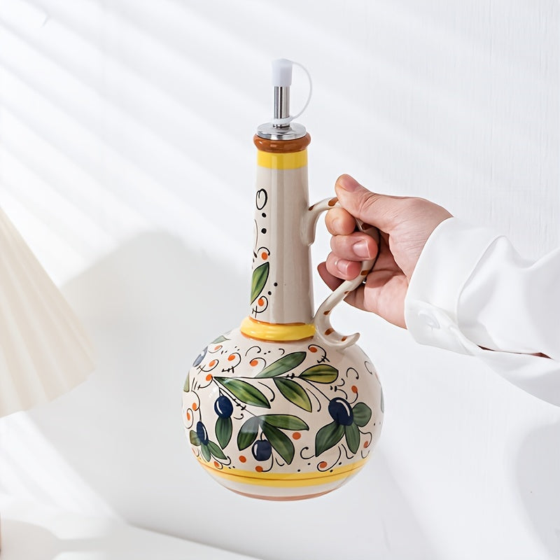Hand-Painted Ceramic Olive Oil Dispenser with Vibrant Fruit & Leaf Design - Leak-Proof Kitchen Oil Bottle for Olive Oil, Vinegar, Soy Sauce - Elegant Oval Shape, Freezer Safe, Olive Oil Dispenser