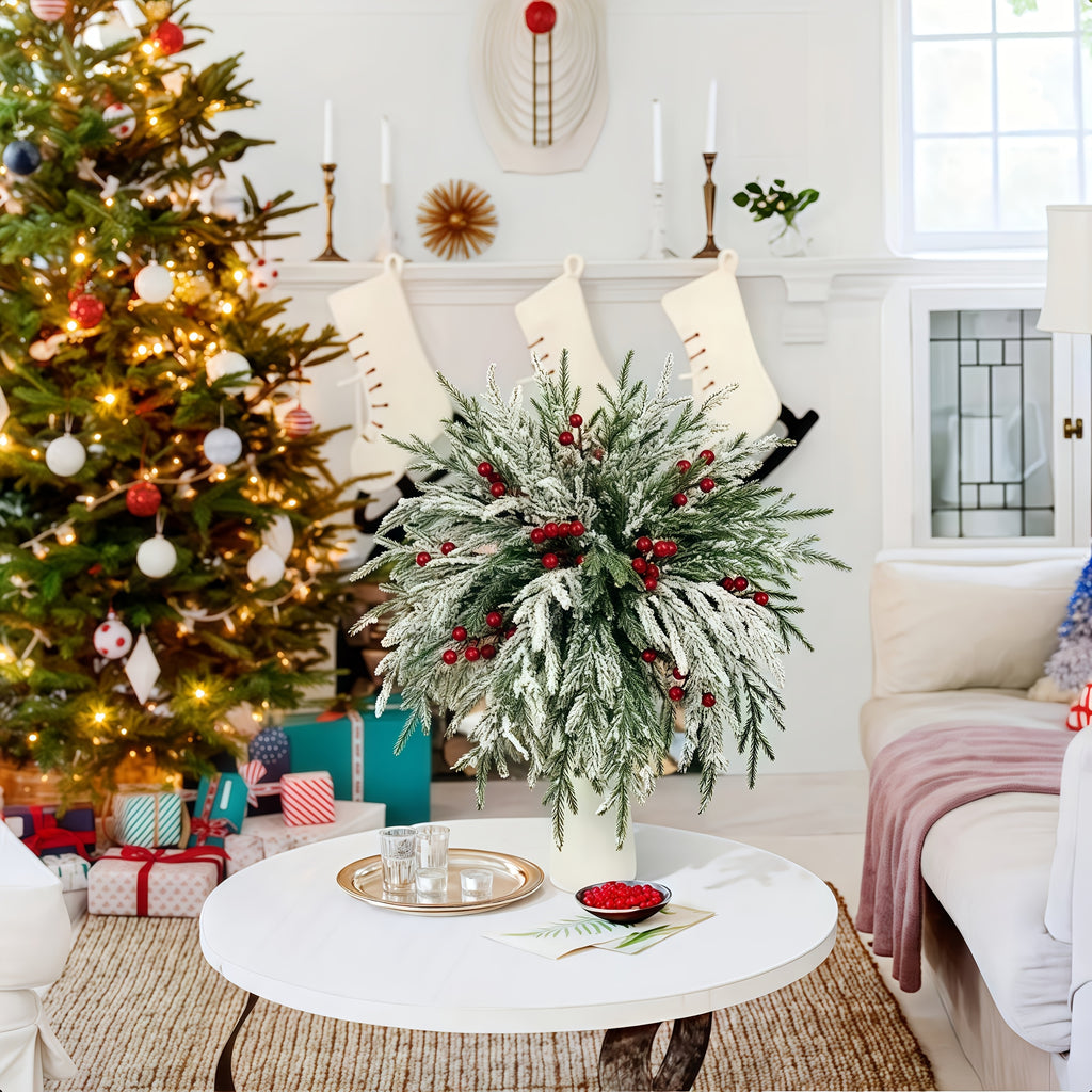 30pcs - Outdoor Artificial Norfolk Pine Branches with Red Berries - Realistic Pine Tree Wreath, Green Needles and Snow-Covered, Suitable for Outdoor Use - Christmas