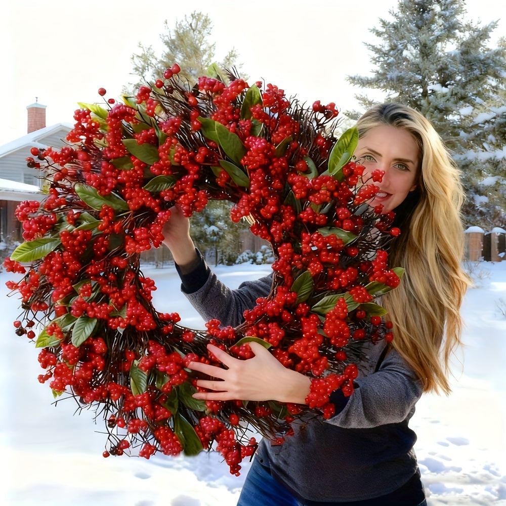1pc Large Artificial Holly Berry Wreath with Realistic Red Berries & Green Leaves - Oversized Round Door Wall Hanging for Christmas, Hanukkah, Easter, Thanksgiving - /Outdoor Plastic Faux Holly Wreath for Mantel, Porch,