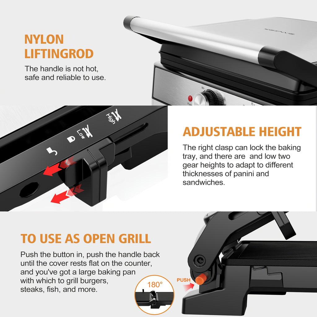 1600W Electric Panini Press Grill, 4-Slice Sandwich Maker Suitable for Indoor, Outdoor, Or Camping Use, Featuring Adjustable Temperature And Timer, Non-Stick Plates, And a Removable Drip Tray - Perfect for Bbqs And Pizzas