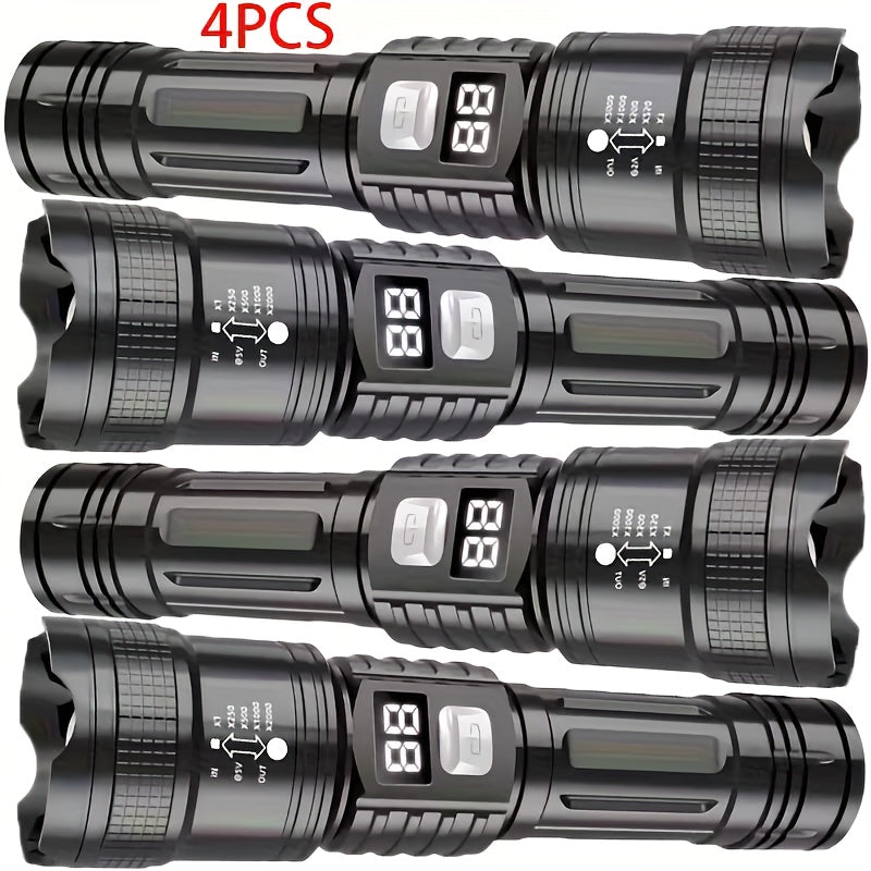 4pcs Rechargeable High-Power LED Flashlights with Zoomable Spotlight, USB Cable, Super Bright, Long Range, Tactical Work Light for Camping, Hunting, Hiking, Emergency