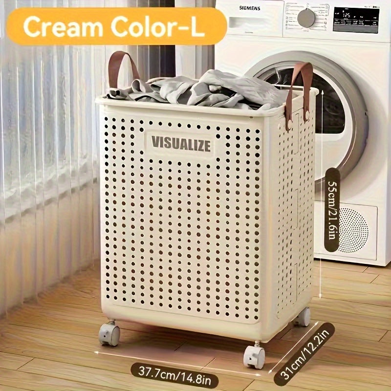 15.8/205GaA Large Foldable Wheeled Laundry Basket (Multiple Sizes Available) Without Lid - Faux Leather, Solid Color, Versatile Folding Portable Laundry Basket for Bathroom and Balcony Storage, Laundry Bag, Laundry Room Acces