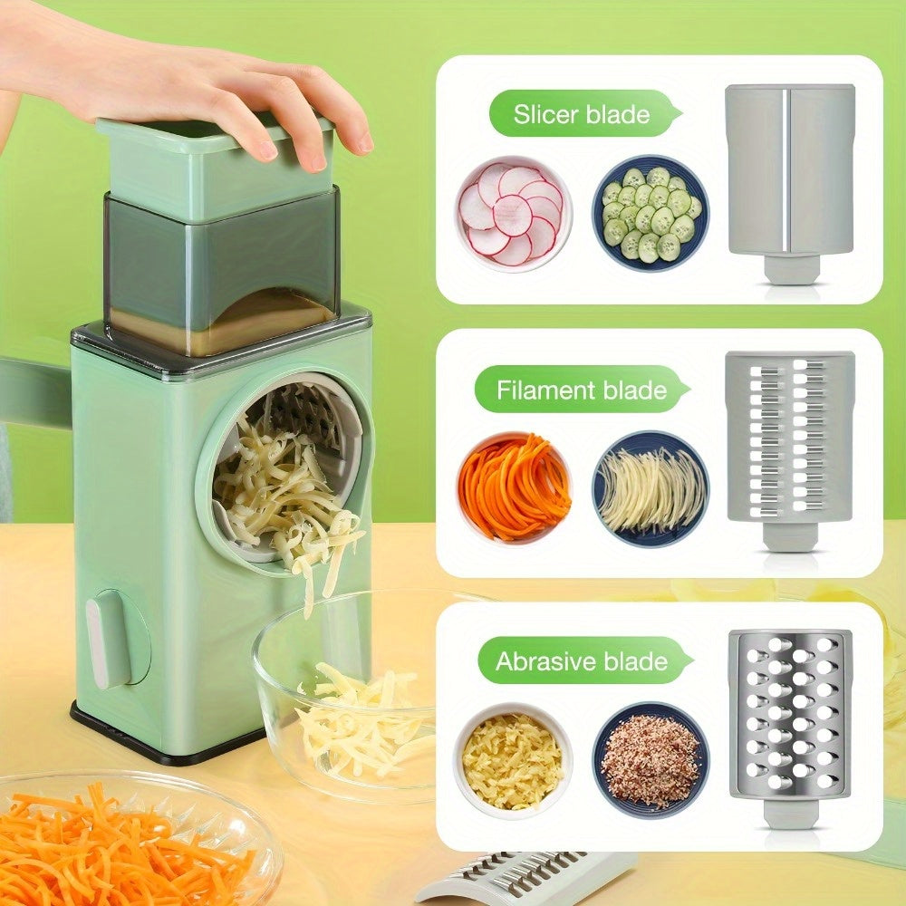 Manual Rotary Slicer with Blades - Multifunctional Vegetable and Cheese Grinder, Durable Plastic Kitchen Tool for Easy Slicing, Shredding, and Tearing, Efficient Food Prep, Compact Design for All Seasons, Mandoline Slicer, Ve
