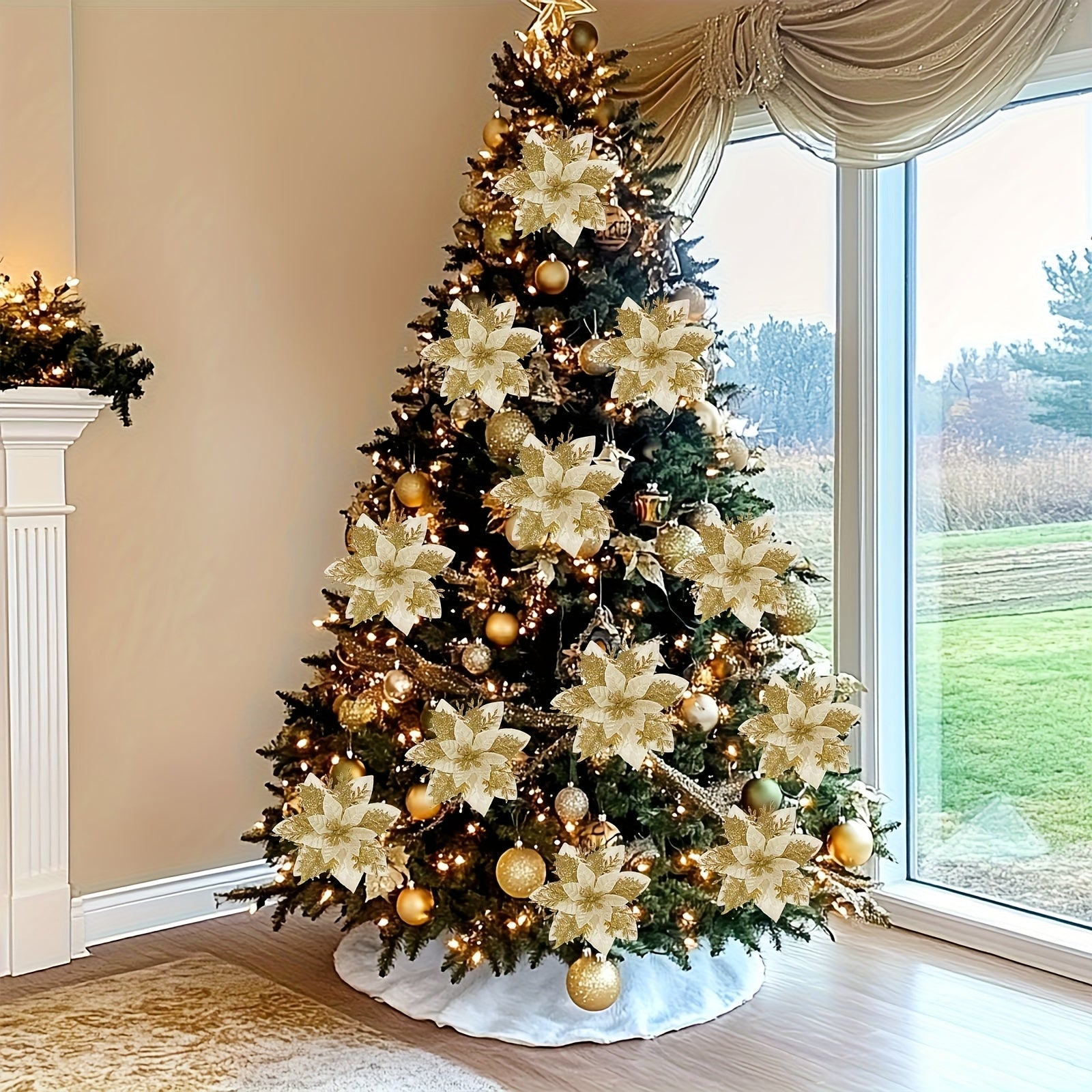 [Shiny Golden Christmas Flowers] 20pcs Shiny Golden Christmas Flowers | 10 Blooms & 10 Clips, No Electricity Needed, Durable Plastic Poinsettia for Xmas Tree Wreaths, Weddings, Parties, Holiday Decorations, Festive Floral Arr