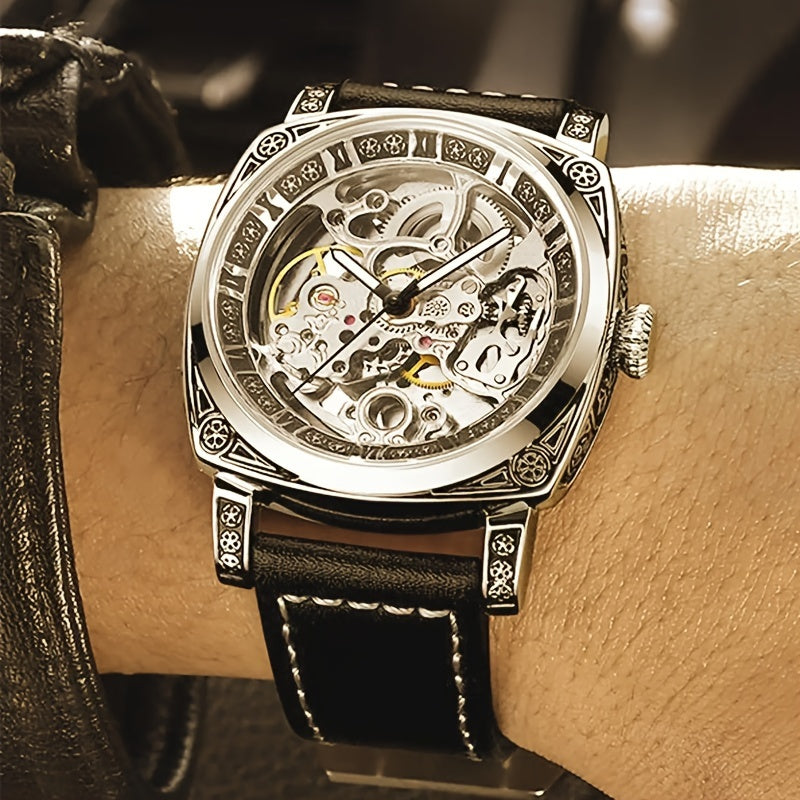 Men's Golden-Tone Automatic Mechanical Watch with Carved Hollow Skeleton Dial, Roman Numerals & World Time Function - Luxury Fashionable Round Watch for Casual & Formal Occasions, Formal Timepiece