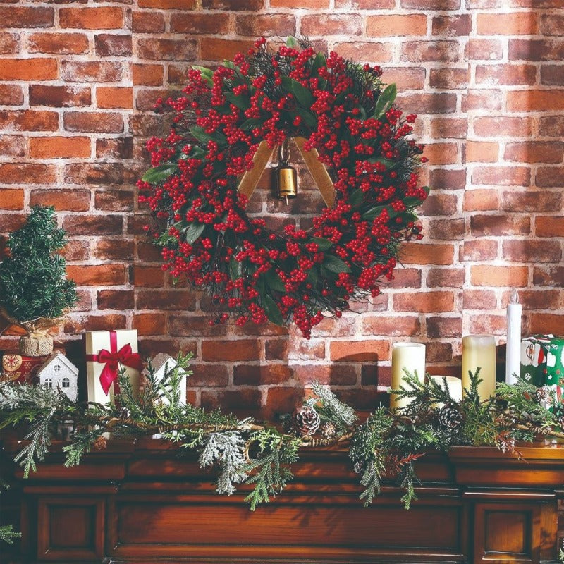 1pc Christmas Red Berry Wreaths 48cm/18.5in Simulation Wreaths with Thick Red Berries Artificial Festival Decoration Christmas Home Hanging Decoration Showcase Fireplace Doors and Windows Wall Material Durable Artificial Plan