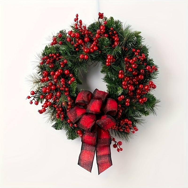 [Classic Christmas Wreath] Christmas Wreath Classic, 35.05Cm Diameter | Plastic Material with Berries And Bow, Suitable for Front Door, Outdoor, Indoor, Party, Home Decoration, Featherless, Halloween