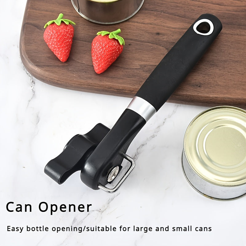 [Stainless Steel Can Opener] 1pc TLDOD Stainless Steel Manual Can Opener - Quick & Easy Side Opening Tool with Black Plastic Handle - Effortless Kitchen Essential for Home Use - Sleek Modern Design