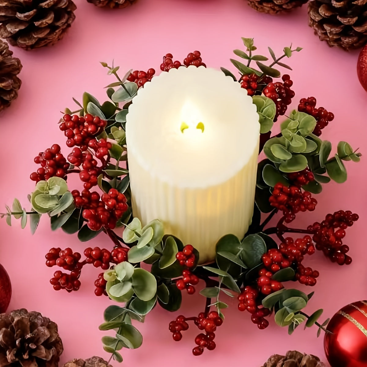 1pc/2pcs Christmas Crafts Ornaments Garland Decor Artificial Eucalyptus Red Berry Candle Rings Home Decoration,Winter Xmas Candles Small Wreath for House Tabletop Wall Door Hanging Decor Fake Silvery Dollar Plant Leaves Candl