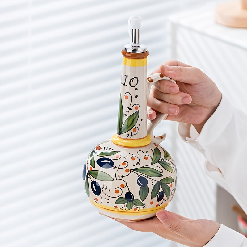 Hand-Painted Ceramic Olive Oil Dispenser with Vibrant Fruit & Leaf Design - Leak-Proof Kitchen Oil Bottle for Olive Oil, Vinegar, Soy Sauce - Elegant Oval Shape, Freezer Safe, Olive Oil Dispenser