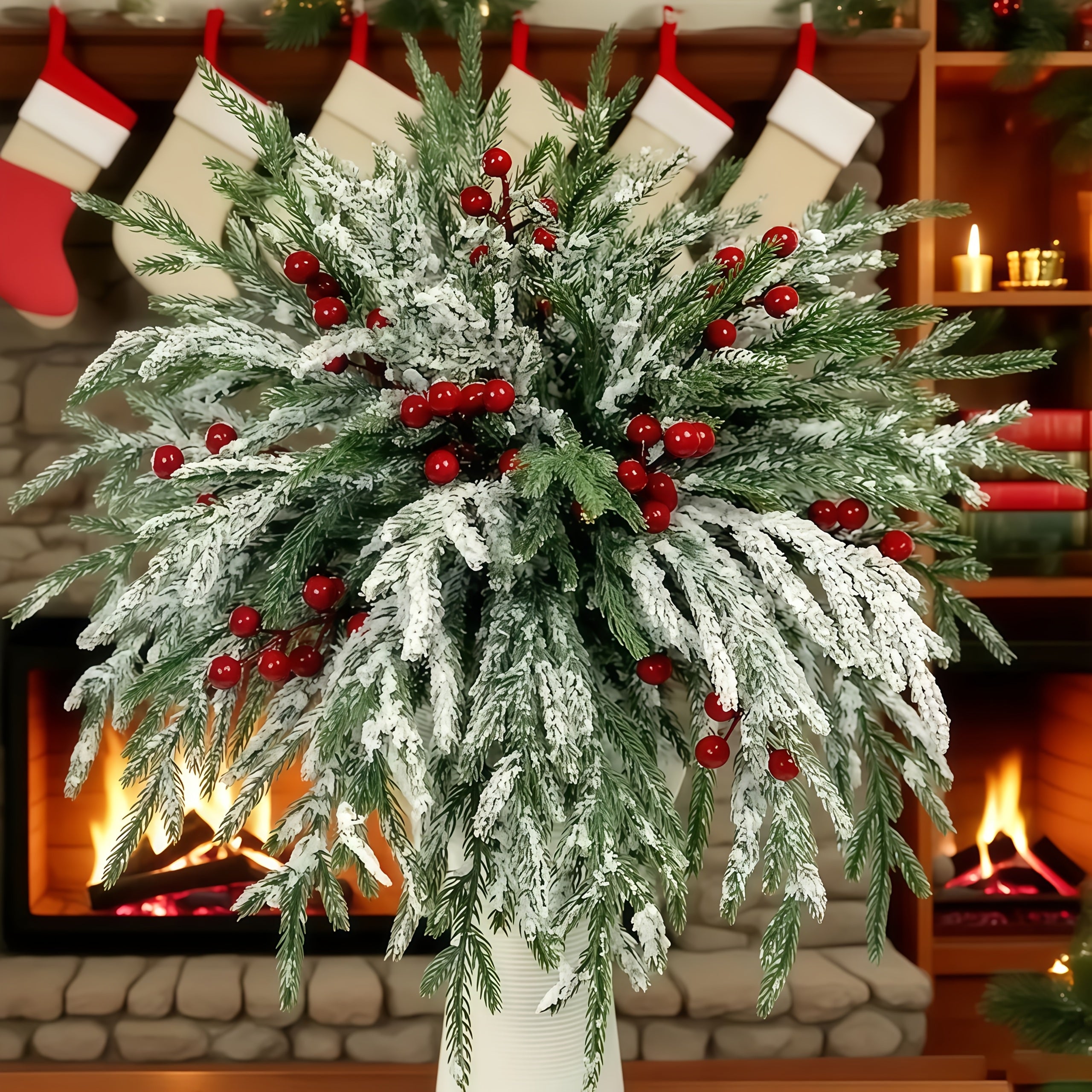 30pcs - Outdoor Artificial Norfolk Pine Branches with Red Berries - Realistic Pine Tree Wreath, Green Needles and Snow-Covered, Suitable for Outdoor Use - Christmas