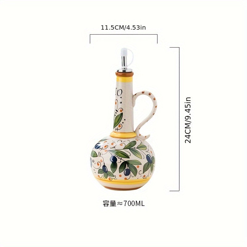 Hand-Painted Ceramic Olive Oil Dispenser with Vibrant Fruit & Leaf Design - Leak-Proof Kitchen Oil Bottle for Olive Oil, Vinegar, Soy Sauce - Elegant Oval Shape, Freezer Safe, Olive Oil Dispenser