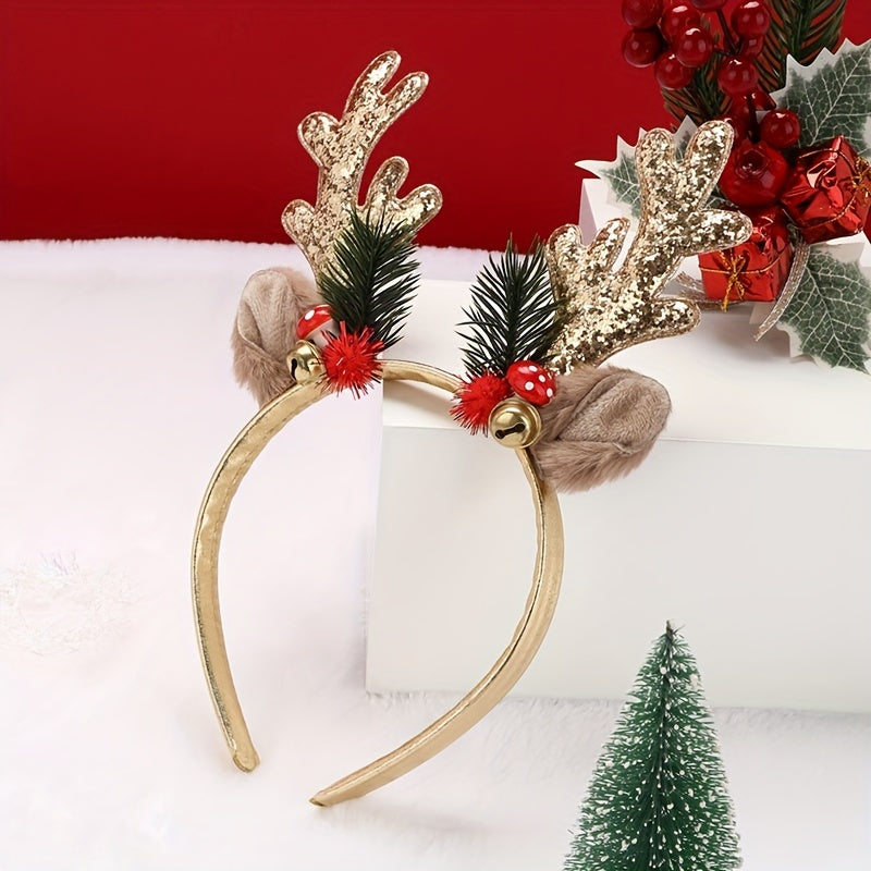 1pc, Christmas Style Headband With Cute Girls Christmas Glitter Antlers Bells Mushroom Pine Plush Ear Headband For Holiday Party Decoration, Navidad, Christmas Decorations, Christmas Party Favors, Weird Stuff, Headwear, Daily