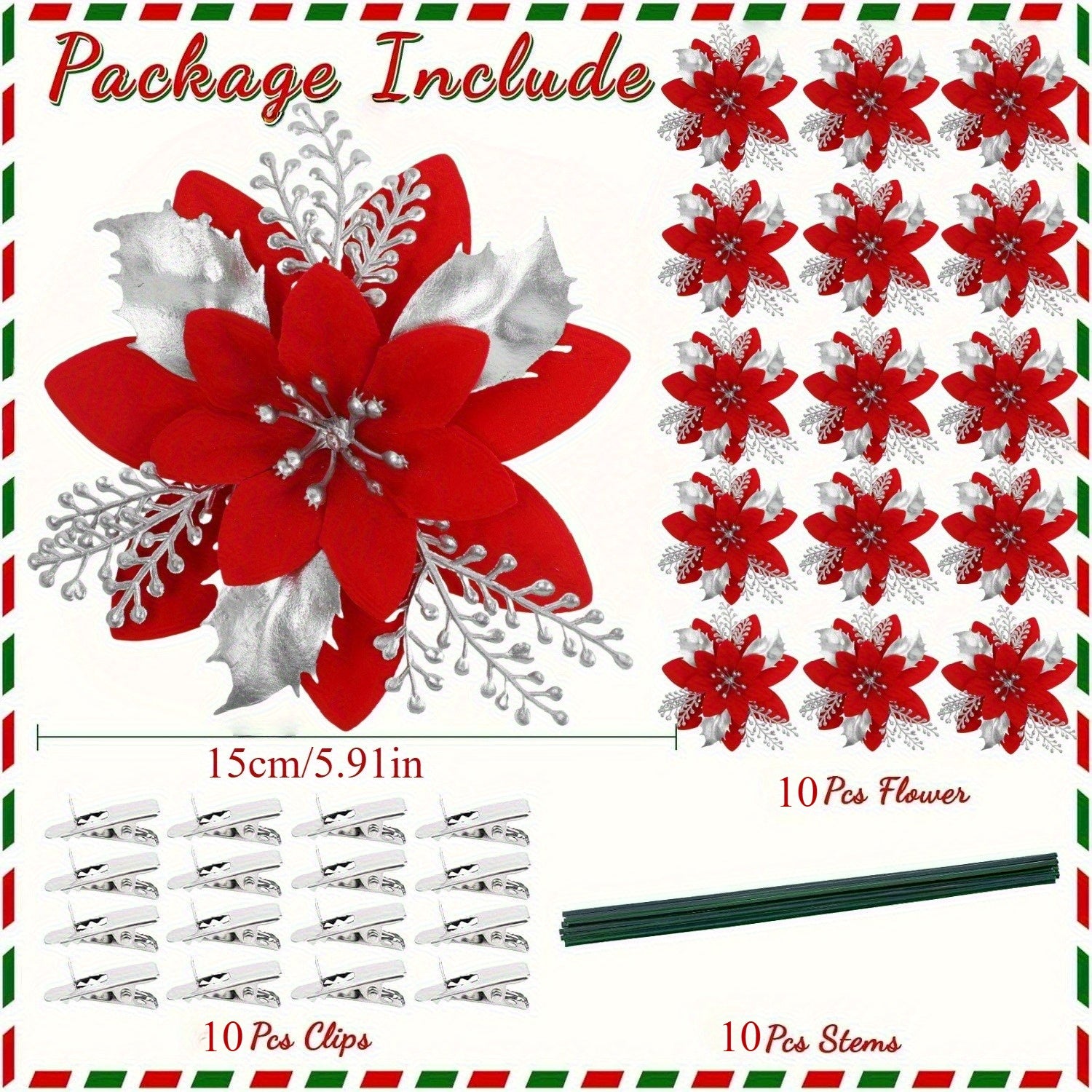 30pcs Christmas Tree Decorations with Poinsettia Clips - Colorful Sugar Shape Artificial Flower Branches, Red Poinsettia Flowers and Golden Accents, Plastic Holiday Decorations, Suitable for Christmas Trees, Wreaths, Vase Fil