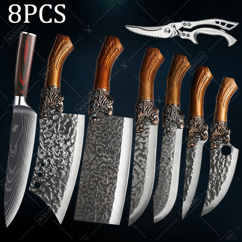 8pcs Stainless Steel Professional Kitchen Chef Knife Set - Handmade Forged Ultra-Sharp Utility Knife, Boning Knife, Cutting Knife, Fish Knife, Butcher Knife, Kitchen Scissors, Bone Scissors for Kitchen Convenience Boning Duck