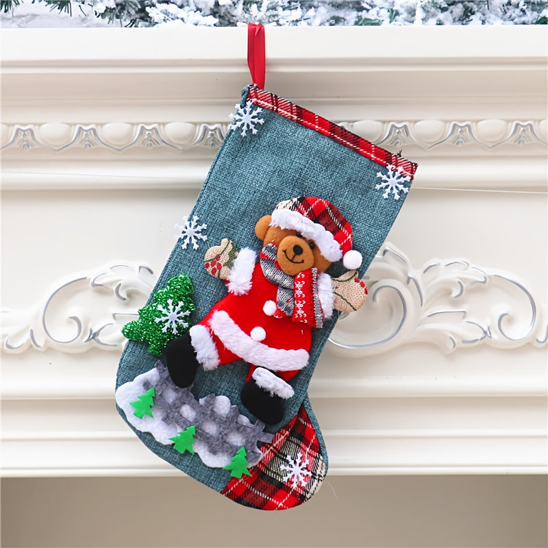 4pcs Christmas Gift Sock Set, Large Linen Candy Bags with Snowflake, Santa, Snowman, Reindeer, and Bear Patterns, Decorative Long Socks for Holiday Parties, Christmas Tree, or Fireplace, Christmas Socks, Christmas Home Decor,