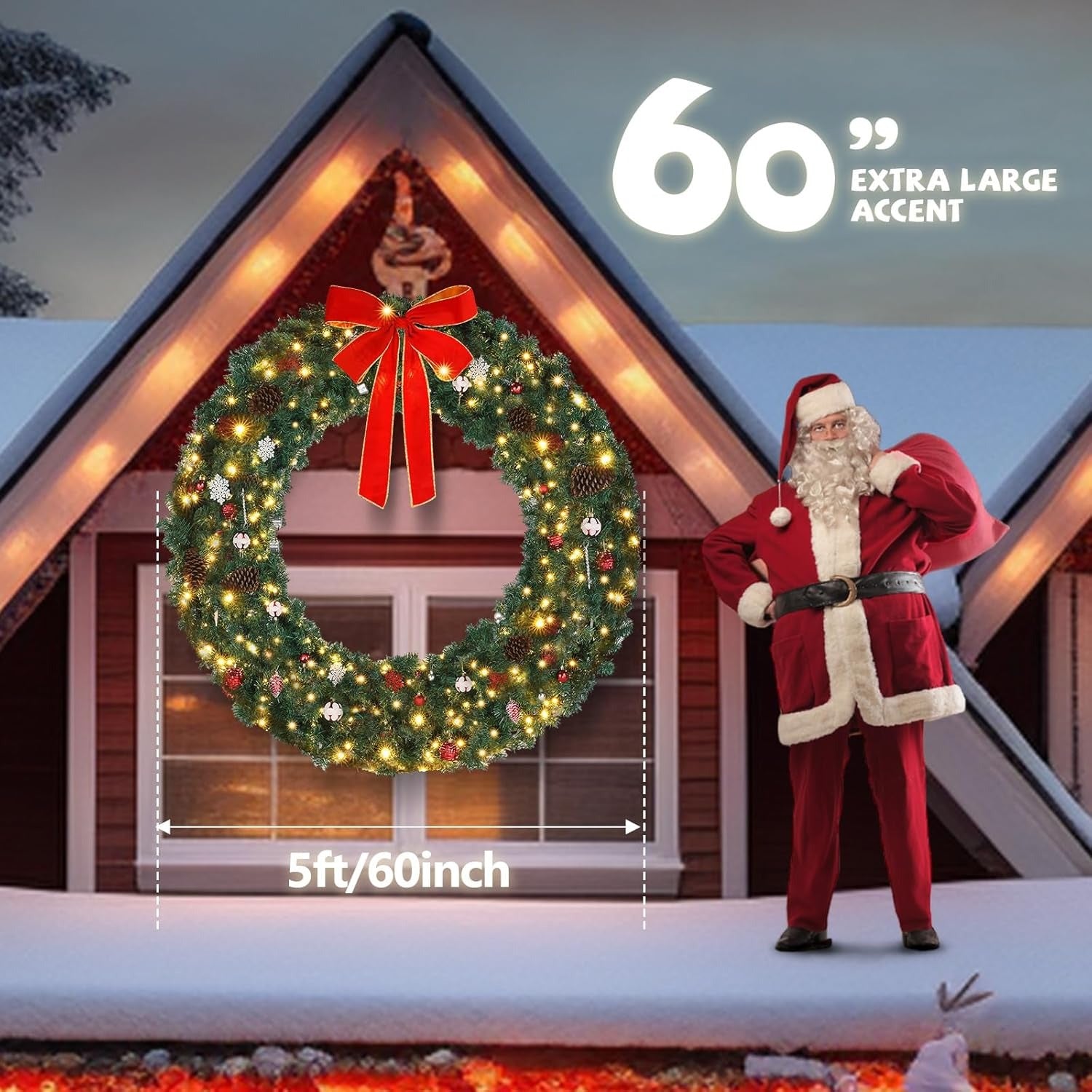 60 Inch Large Pre-lit Christmas Wreath - Xmas Door Garlands with 220 LED Lights, 600 PVC Branch Tips, Bow, Pine Cones & Ornaments - Holiday Home Decor for Door Fireplace Wedding Party Banquet Events- Indoor Easy Hang Christma