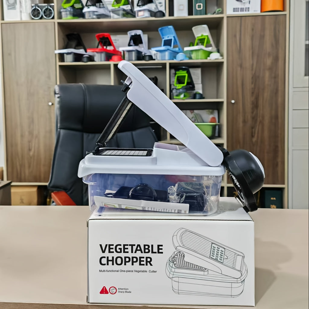 Anbala-14 1-in-1 Vegetable Chopper, Kitchen Gadgets, Vegetable Chopper, Food Chopper, Onion Chopper, Cucumber Slicer, Multifunctional Mandoline, with 7 Blades, Including Egg Separator and Finger Guards, Gray + White, French F