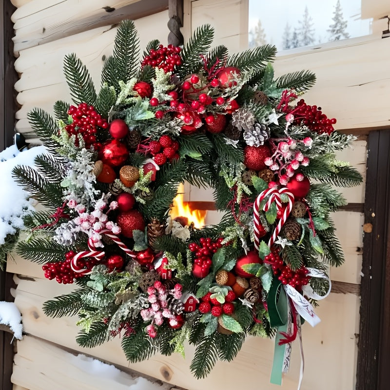 Christmas Wreath Decoration with Red Berries, Pine Cones, Candy Accents - Heavy-Duty Plastic Holiday Door Hanging Decor for Home, Mantel, Table Centerpiece - No Electricity Needed, Easy Hang with Loop - Indoor/Outdoor Christm