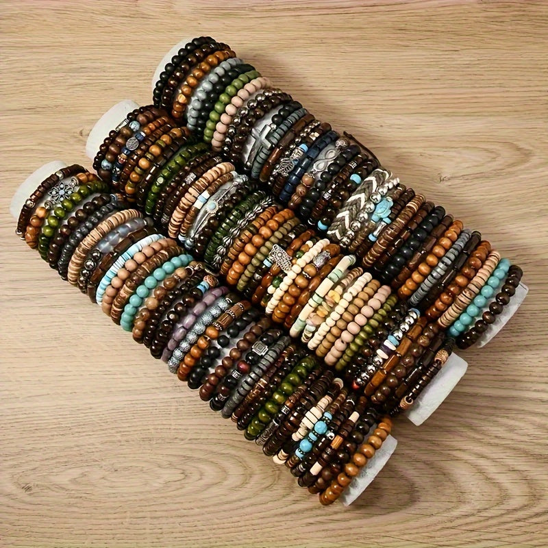 [Handcrafted Wooden Bead Set] 72pcs Handcrafted Boho Wooden Bead Bracelet Set - Stackable Stretch Design, Ideal Anniversary Gift, No Mosaic Material