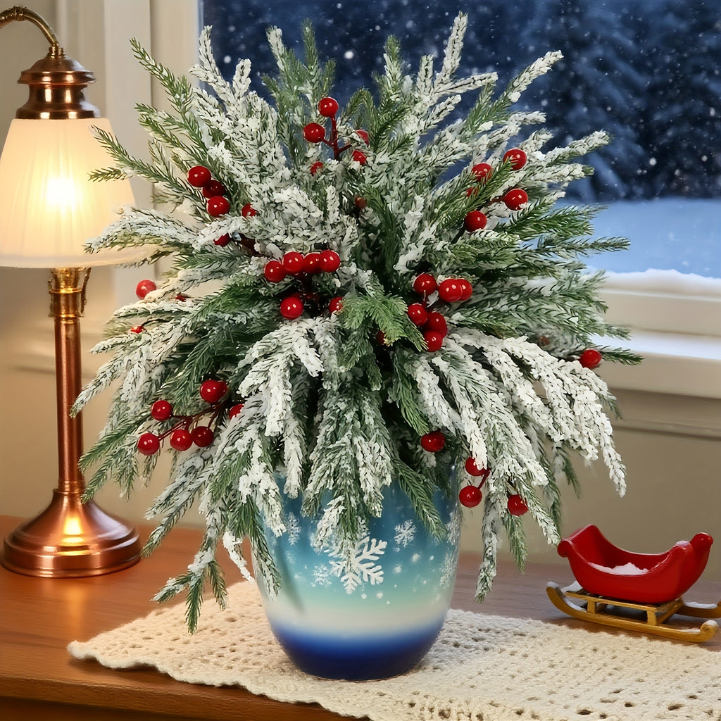 30pcs - Outdoor Artificial Norfolk Pine Branches with Red Berries - Realistic Pine Tree Wreath, Green Needles and Snow-Covered, Suitable for Outdoor Use - Christmas