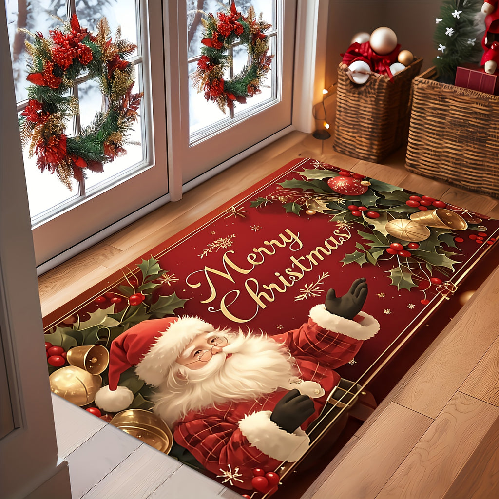 [Christmas Welcome Mat] 1pc Christmas Welcome Mat | Santa Claus & Tree Pattern | "Merry Christmas" Text | Machine Washable | Festive Holly Berry Golden Accents | Indoor/Outdoor Door Mat