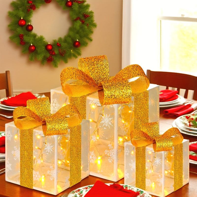 3pcs Christmas Thanksgiving LED Light-Up Gift Box with Multiple Lights Modes, No Built-Battery Glowing Decorative Red Bow Xmas Tree Yard Home Ornament (3*AA Batteries Not Included), Christmas Decorations For Home, Santa Claus