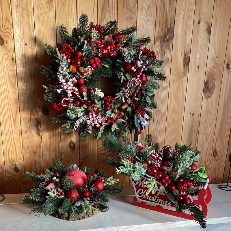Christmas Wreath Decoration with Red Berries, Pine Cones, Candy Accents - Heavy-Duty Plastic Holiday Door Hanging Decor for Home, Mantel, Table Centerpiece - No Electricity Needed, Easy Hang with Loop - Indoor/Outdoor Christm