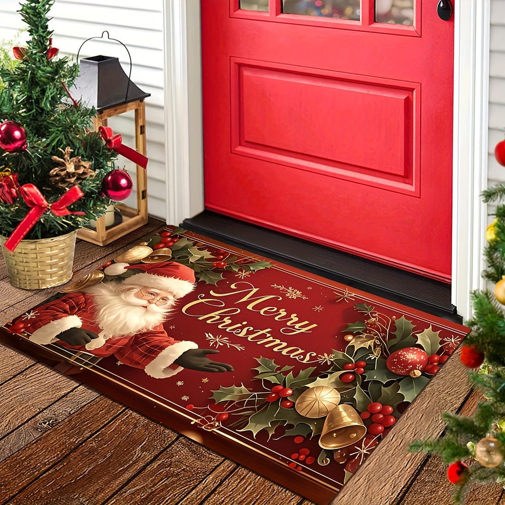 [Christmas Welcome Mat] 1pc Christmas Welcome Mat | Santa Claus & Tree Pattern | "Merry Christmas" Text | Machine Washable | Festive Holly Berry Golden Accents | Indoor/Outdoor Door Mat