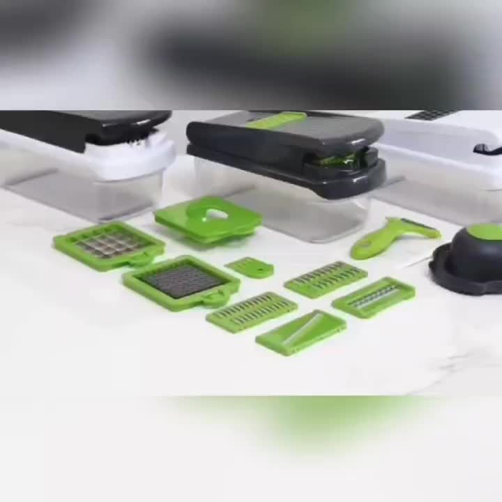 Anbala-14 1-in-1 Vegetable Chopper, Kitchen Gadgets, Vegetable Chopper, Food Chopper, Onion Chopper, Cucumber Slicer, Multifunctional Mandoline, with 7 Blades, Including Egg Separator and Finger Guards, Gray + White, French F