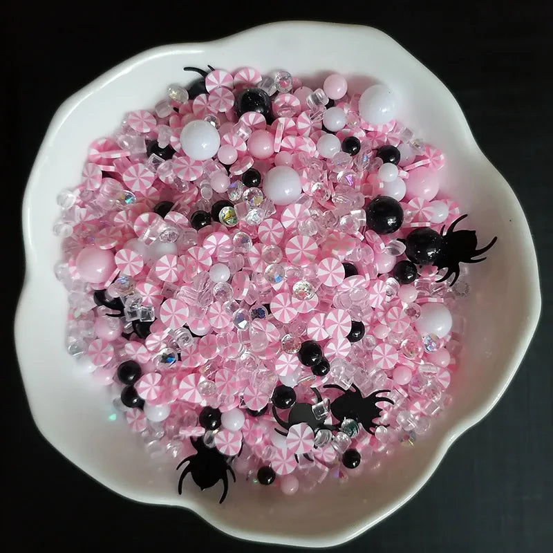 1000g Halloween Candy Peppermint Slices Pearl Beads Rhinestone Spider Mix Polymer Clay Sprinkles for DIY Craft Slime Filling
