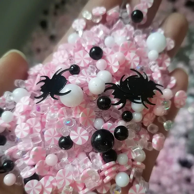 1000g Halloween Candy Peppermint Slices Pearl Beads Rhinestone Spider Mix Polymer Clay Sprinkles for DIY Craft Slime Filling