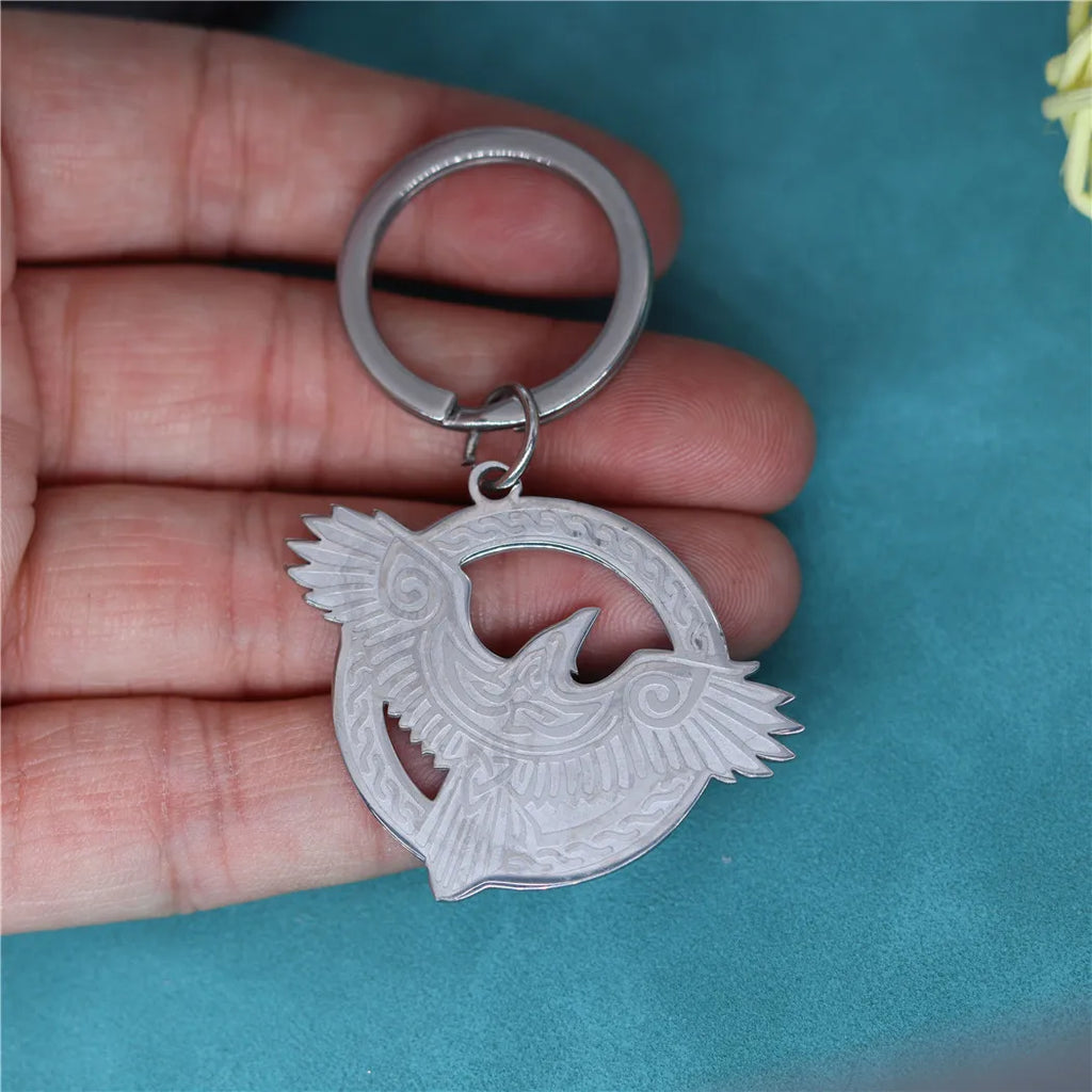 Nedar Norse Viking Key Chain Raven Magpie Crow Bird Eagle Keyring Amulet Stainless Steel Pendant Keychain Halloween Gift Jewelry